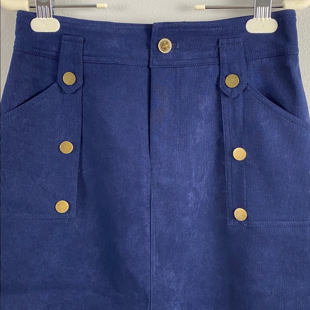 Vee Corduroy Midi Skirt | Lined, Front Slit, 2 Pockets | Navy/Gold - Picture 3 of 15